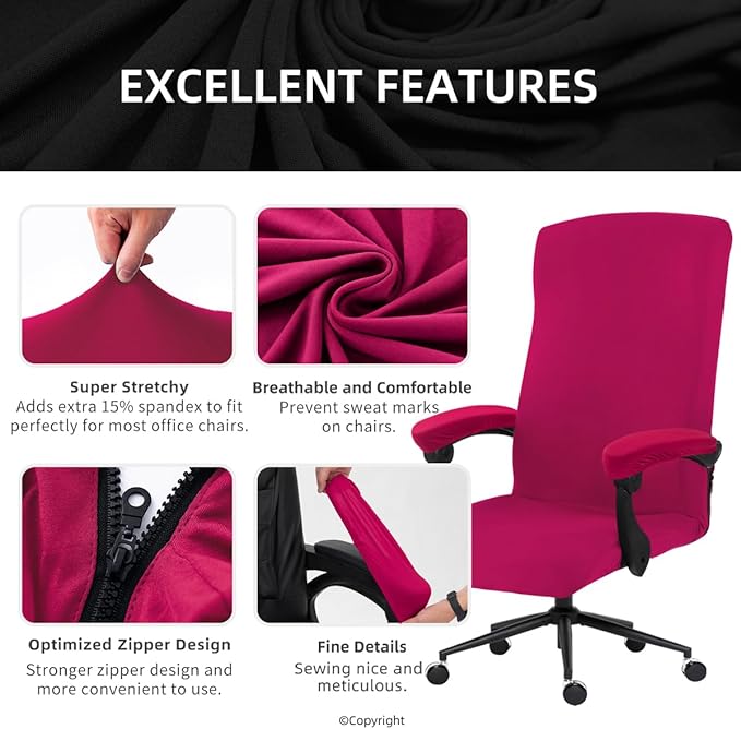 Stretch Computer Office Chair Cover with Armrest Covers Durable Zipper Universal Washable Removable Spandex Rotating Boss Chair Slipcovers Anti-dust Soft Desk Chair Seat Protector, Hot Pink