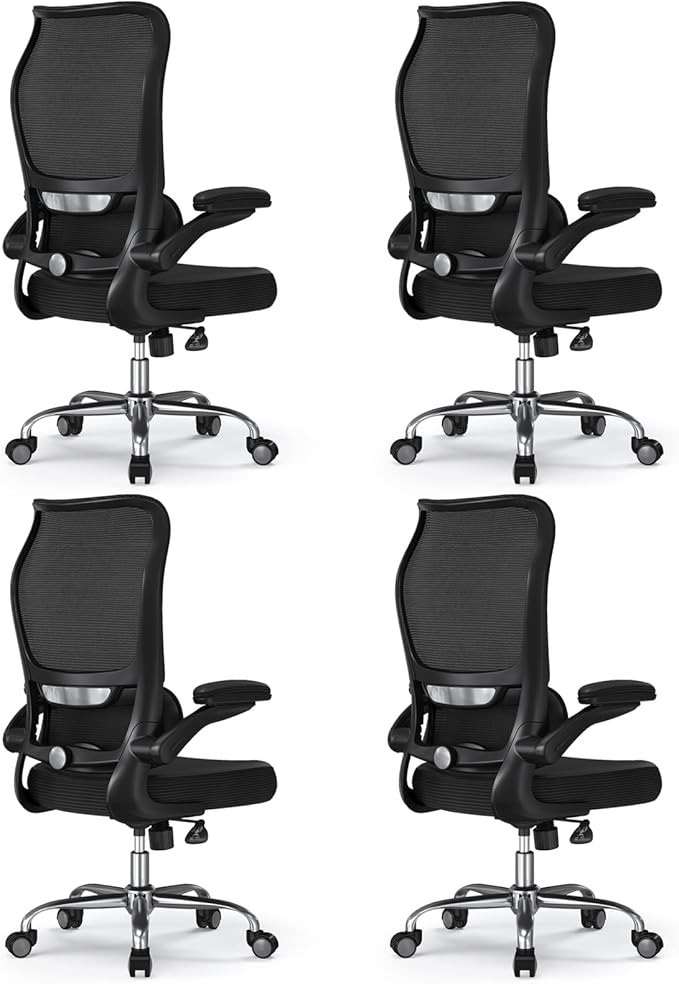 TRALT Ergonomic Office Chair - Desk Chair with Wave High Back Adjustable Lumbar Support Computer Chair - Gaming Chairs Mesh Backrest and PU Leather Seat for Home Reading Chairs (Black Pack of 4)