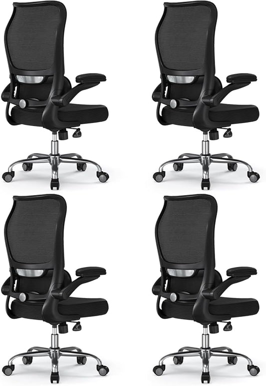 TRALT Ergonomic Office Chair - Desk Chair with Wave High Back Adjustable Lumbar Support Computer Chair - Gaming Chairs Mesh Backrest and PU Leather Seat for Home Reading Chairs (Black Pack of 4)