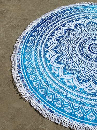Round Beach Tapestry Turquoise Mandala Throw/Boho Hippie Beach Blanket Roundie/Indian Cotton Bohemian Large Round Table Cloth-Home Decor/Yoga Mat Meditation Picnic Rug (70", Blue and White)