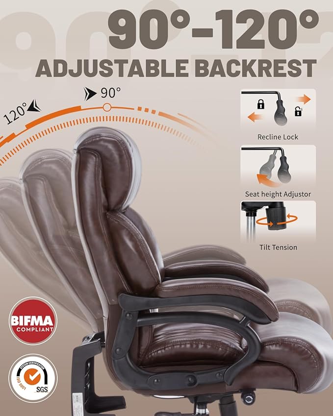 800LBS Heavy Duty Office Chair & Massage Footrest Big & Tall Executive Chair with Adjustable Lumbar Support, PU Leather, Extra Wide Seat for Comfort