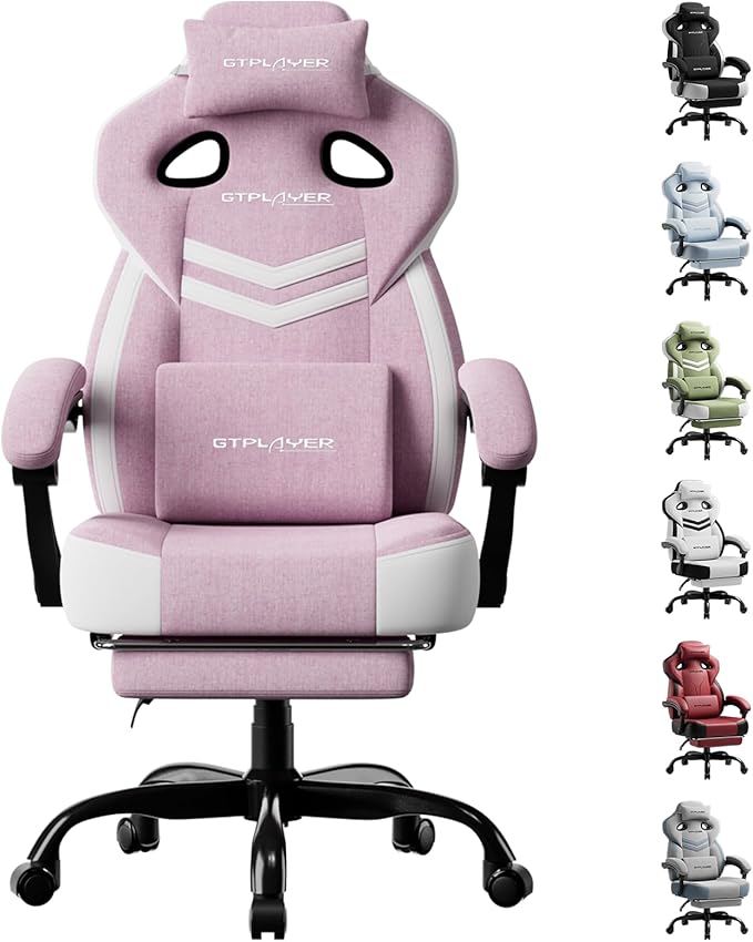 GTPLAYER Gaming Chairs for Adult - Ergonomic Big & Tall Gaming Seat with Footrest & Lumbar Support, Comfortable Office Chair 90-155° Reclining - Heavy Duty Wide Computer Seat, Pink