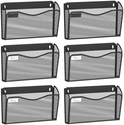 BOHDK Wall File Organizer, 6 Single Pockets Mesh Hanging File Organizer, Mount Document Magazine Rack with Labels, Hanging File Folders for Office, Home and School, Black