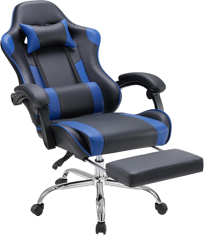 DUMOS Gaming Office Desk Chair with Footrest and Headrest for Adults, PU Leather Ergonomic Video Computer Chair with Linkage Armrests, Height Adjustable 360° Swivel Recling Chair, New Blue