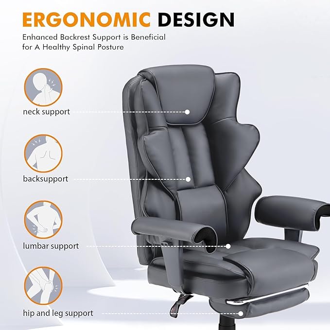 HOMREST 6-Point Massage Executive Chair,Heat Office Chair,Ergonomic Home Office Desk Chairs with Retractable Footrest and Reclining Function,Leather Computer Chair with Adjustable Armrest(‌Grey)