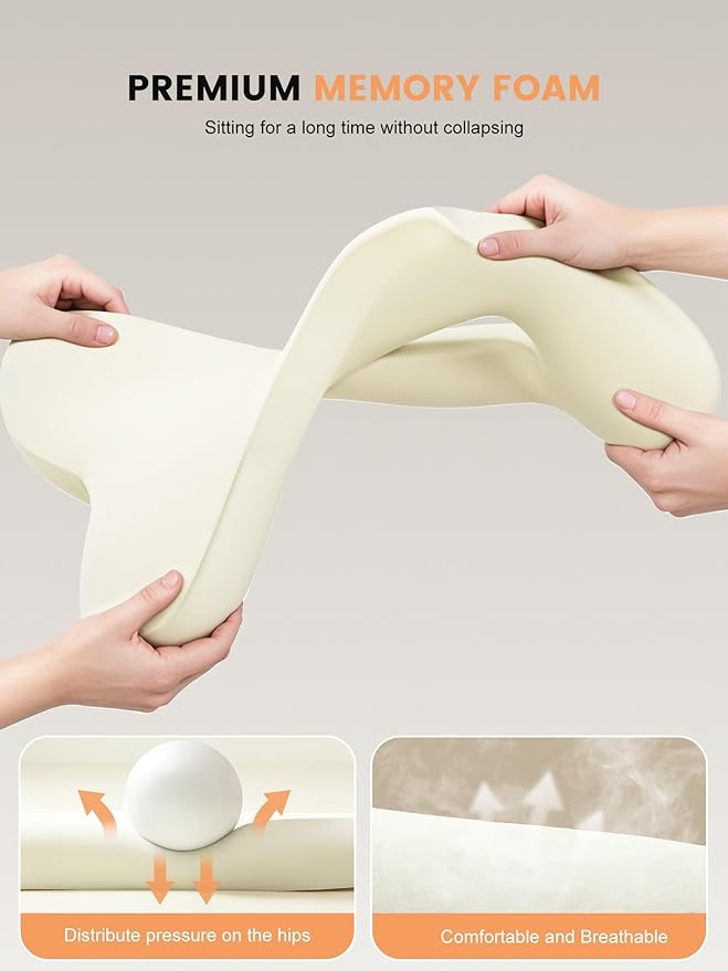 Office Chair Seat Cushion for Long Sitting Workers - L-Shaped Ergonomic Memory Foam with Tailbone Support & Adjustable Strap