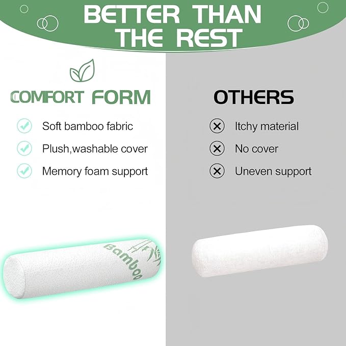 Bucherry 2 Pcs 18 x 4 Inches Cervical Neck Roll Memory Foam Pillow Cylinder Bolster Pillow for Bed Round Neck Support with Removable Washable Cover for Sleeping Travel Yoga Legs Back Lumbar