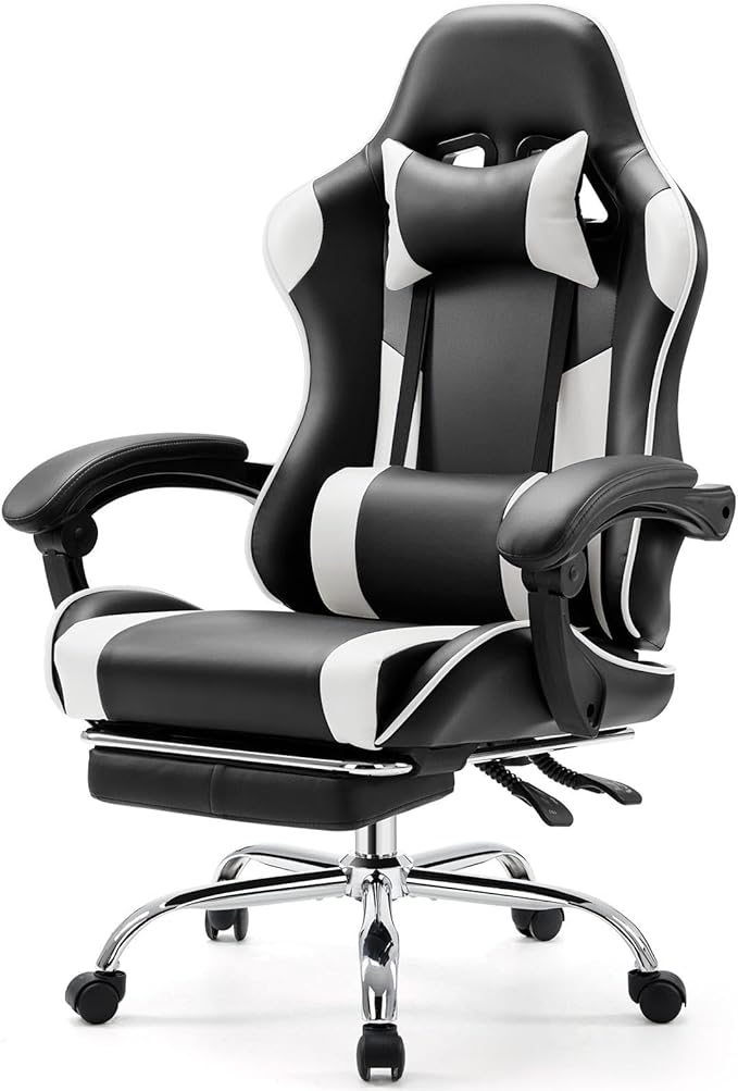 Sweetcrispy Computer Gaming Chair - Ergonomic High Back PU Leather Video Racing Chair with Adjustable Headrest & Footrest, Linkage Armrest, for Office and Home, White