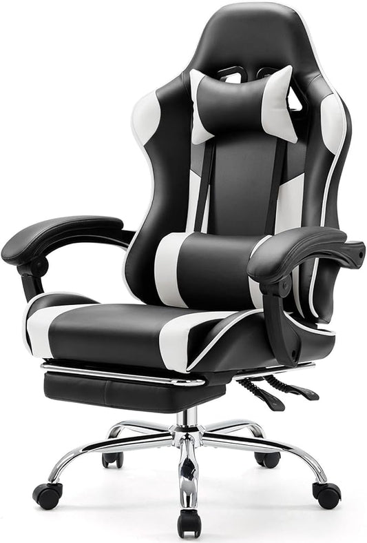 Sweetcrispy Computer Gaming Chair - Ergonomic High Back PU Leather Video Racing Chair with Adjustable Headrest & Footrest, Linkage Armrest, for Office and Home, White