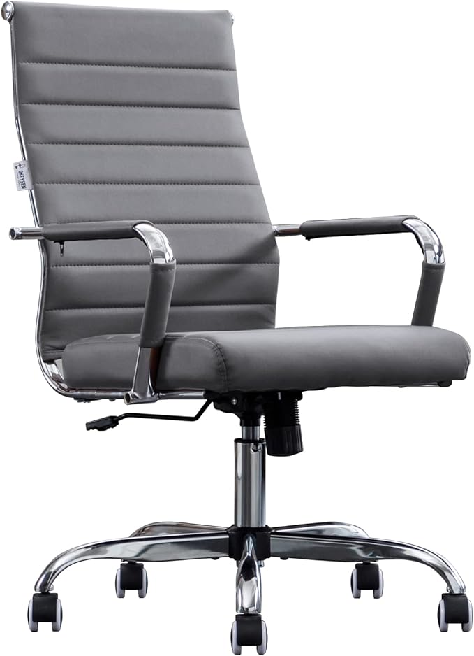 Home Office Chair Ribbed, Modern Leather Conference Room Chairs,Ergonomic Office Desk Chair, High Back Computer Chair, Adjustable Swivel Chair with Arms (Grey)