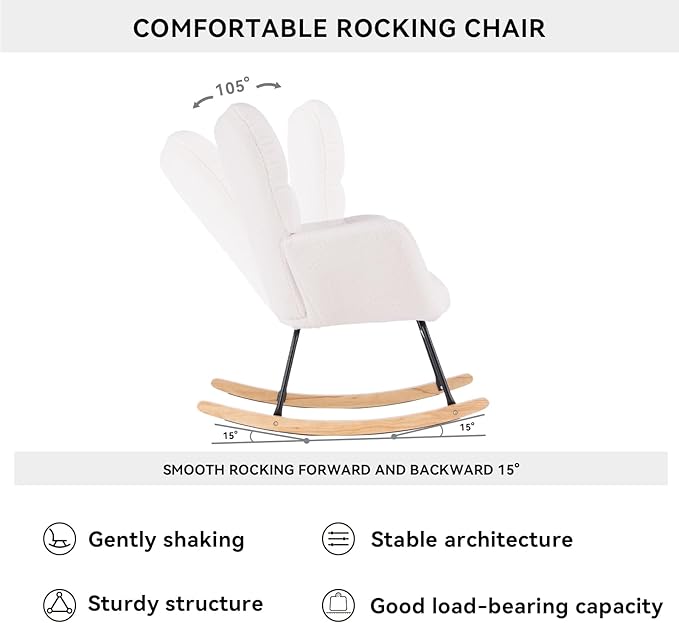 FOXHUNTER Rocking Chair Nursery Teddy Upholstered Glider Rocker High Backrest Nursery Rocker Comfortable Stylish Accent Armchair for Living Rooms Bedrooms Offices (Teddy Ivory)
