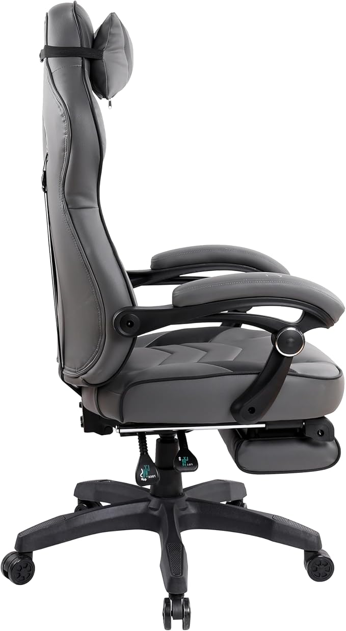 Executive Office or Gaming Chair with Footrest, Padded PU Leather Office Chair with 150-Degree Recline, Lumbar Support & Headrest Pillow, Grey