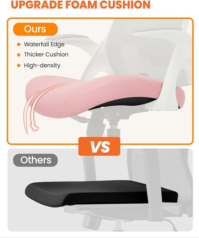 NEO CHAIR Office Chair High Back Desk Mesh Chair Comfy Computer Gaming Seat with Adjustable Ergonomic Headrest Lumbar Rolling Flip-up Armrests and Wheels (Pink)
