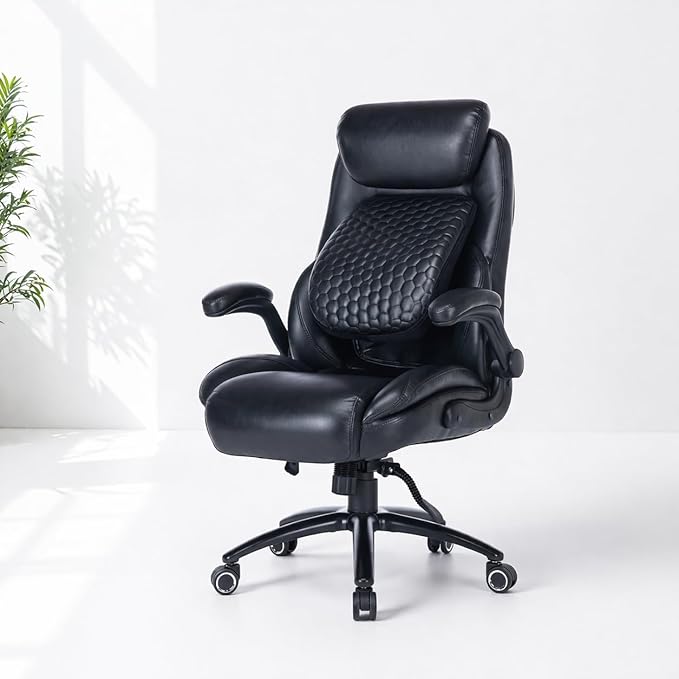Q-Seat Office Chair with 5-Level Lumbar Adjustment | Recline & Relax Function | Heavy Duty Ergonomic Desk High Back Executive Chair | Flip-up Armrest | Adjustable Headrest | Leather Black