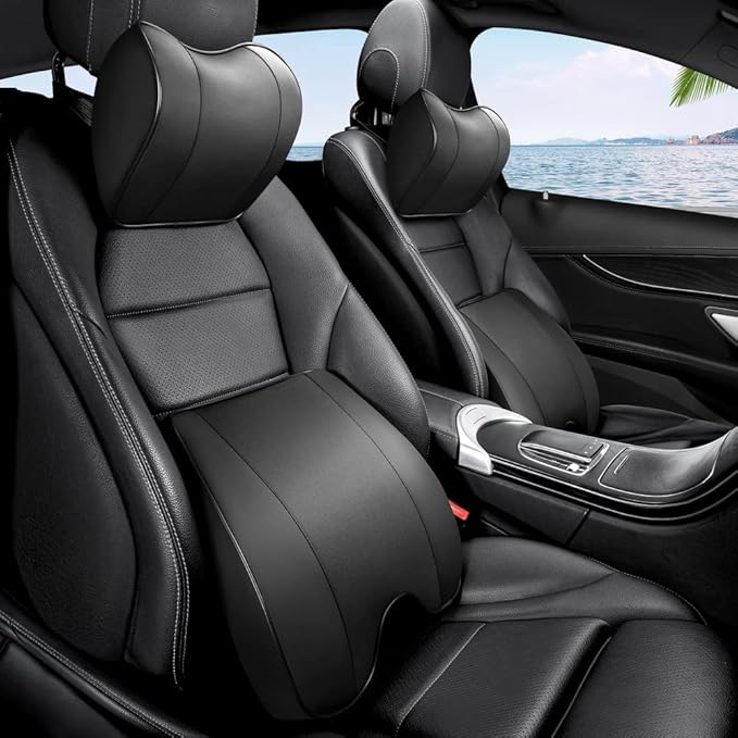 Memory Foam PU Leather Lumbar Pillow - Car Middle/Lower Back Support Pillow - Suitable for Car Seats, Office Chairs, Recliners, etc. (Black)