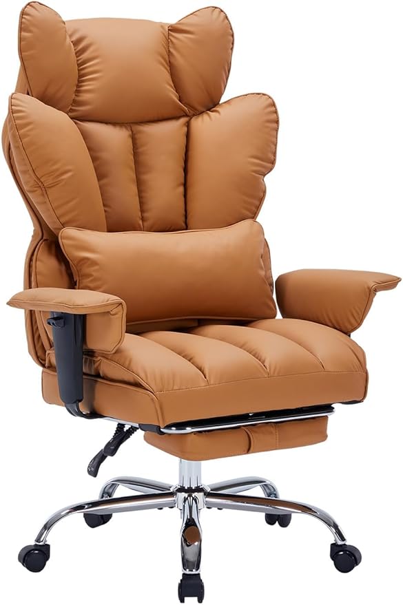 Garvee Big and Tall Office Chair, Executive Leather Office Chair with Footrest, 400lbs Ergonomic Gaming Chair for Adults, Wide Seat Computer Desk Chair with Lumbar Support, 150 Degree Reclining, Brown