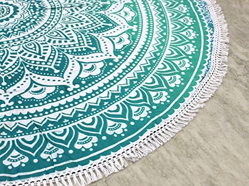 Round Beach Tapestry Turquoise Mandala Throw/Boho Hippie Beach Blanket Roundie/Indian Cotton Bohemian Large Round Table Cloth-Home Decor/Yoga Mat Meditation Picnic Rug (42", Green and White)