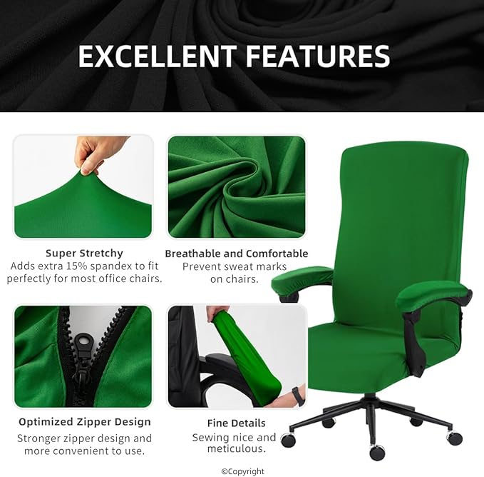 Stretch Computer Office Chair Cover with Armrest Covers Durable Zipper Universal Washable Removable Spandex Rotating Boss Chair Slipcovers Anti-dust Soft Desk Chair Seat Protector (Green)