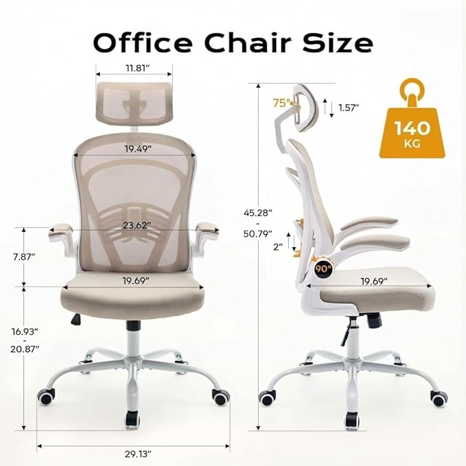 Ergonomic Mesh Office Chair, High Back Desk Chair with Adjustable Lumbar Support & Headrest, Flip-Up Armrests, 300 Lbs Capacity, Swivel Rocking Computer Chair for Home Office Study Bedroom White