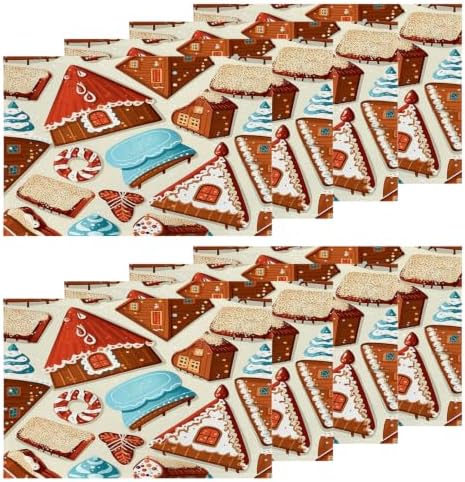 Shrahala Christmas Gingerbread Houses Set of 8 12 X 18 Inch Linen Placemats, Christmas Dessert Candy Tree Burlap Table Mat Washable Double Layered Heat Insulation for Indoor