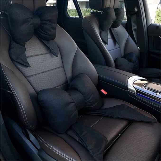 LYFJMUS 4 Pack Butterfly Bow Car Headrest Pillow Set Car Seat Neck Pillow and Lumbar Support Pillow Cotton Linen Car Headrest Pillow Set for Driving Travelling Office Home Decor