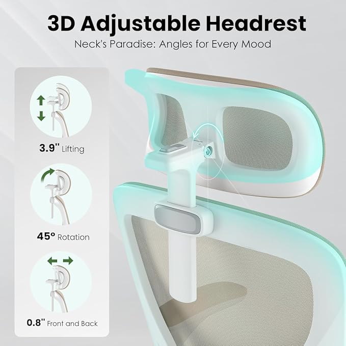 JOSHEN Breathable Mesh Elegance Office Chair, Modern Refined Office Chair with Adjustable Lumbar & Headrest, Minimalist Single Sofa Chairs for Home Office & Study, Khaki,White