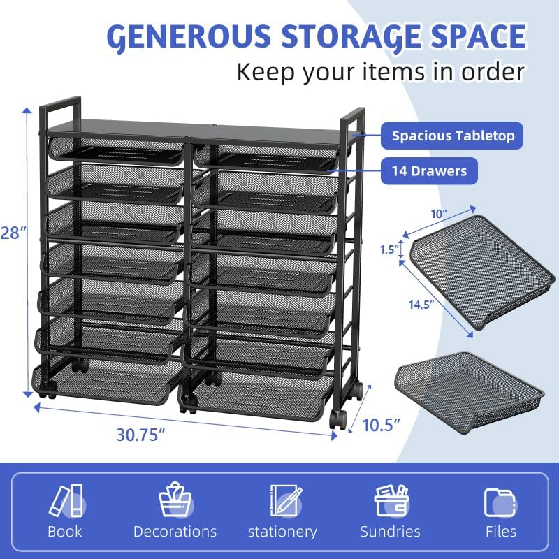 Simple Trending 15-Tier Rolling File Cart, Desk File Organizer with 14 Mesh Sliding Trays, Letter & Legal Paper Storage Rolling Utility Cart for Office Home School, Black