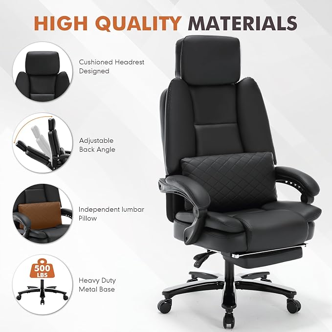 500lbs Plus Size Office Chair with Foot Rest, PU Leather Big and Tall Heavy Duty Reclining Office Desk Chair with Lumbar Support, Black
