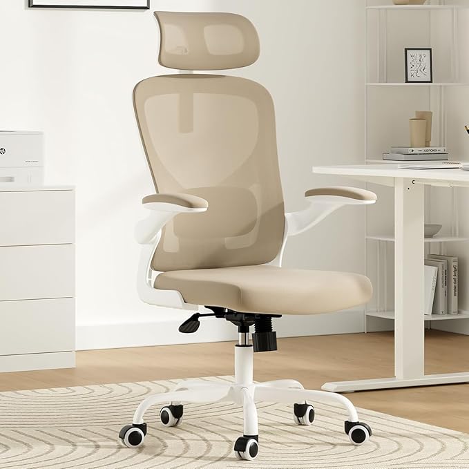 Breathable Mesh Elegance Office Chair, Modern Refined Office Chair with Adjustable Lumbar & Headrest, Minimalist Single Sofa Chairs for Home Office & Study, Khaki,White