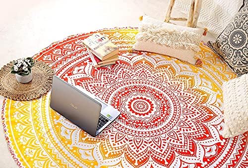 raajsee Orange Round Beach Tapestry Hippie/Boho Beach Blanket Mandala/Indian Cotton Throw - Round Tablecloth/Home Decor/Indie Rug Yoga Mat Meditation Picnic Rugs 127 CM / 50 INCHE Circle