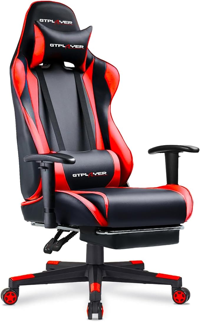 GTPLAYER Gaming Chair with Footrest, Ergonomic Computer Game Desk Chair, Reclining Game Chair Seat Height Adjustment, Swivel Rocker with Headrest and Lumbar (Red)