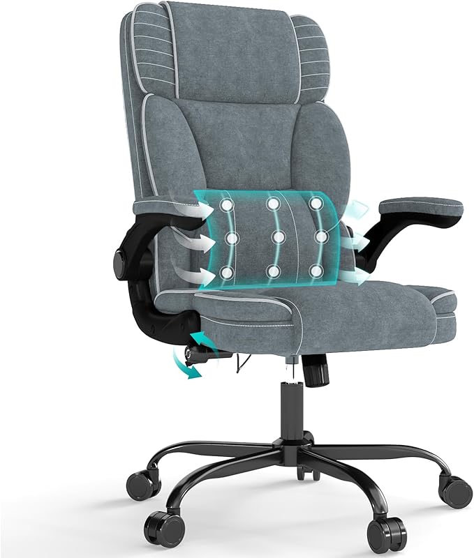 Big and Tall Office Chair with Adjustable Lumbar Support,Breathable Fabric High Back Desk Computer Chair with Adjustable Flip-up Armrests,Ergonomic Swivel PC Chair with Rocking Function