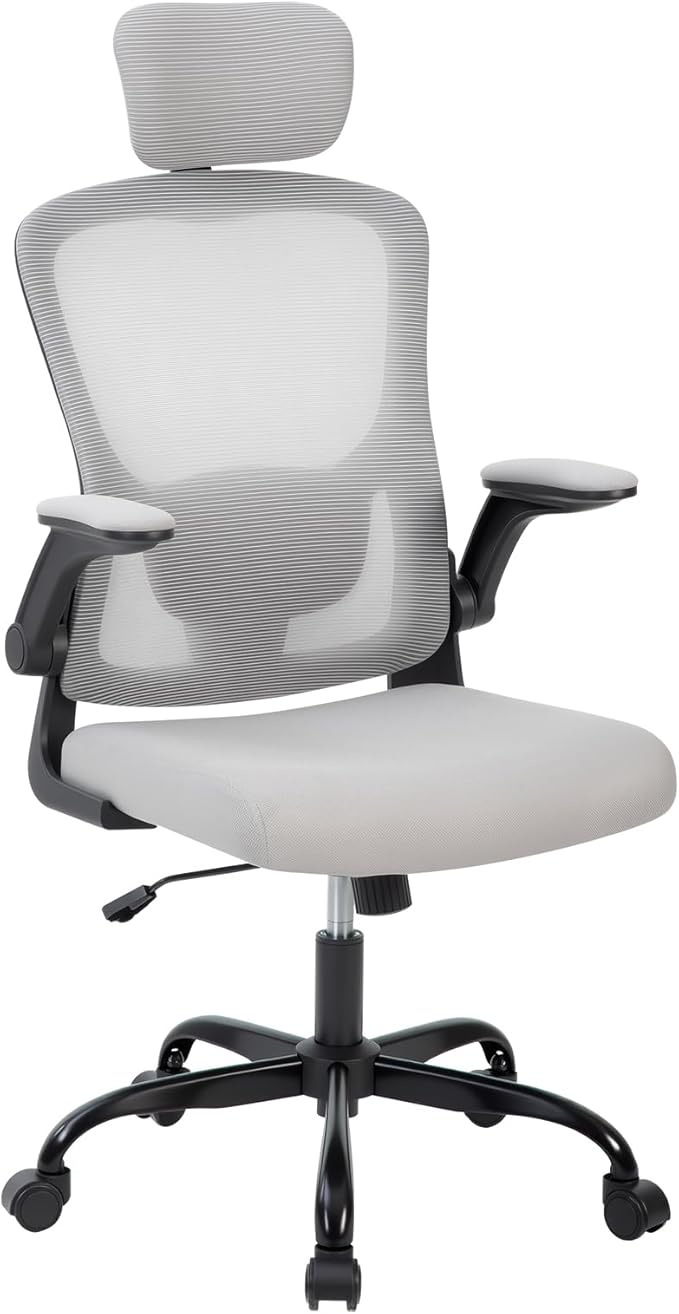 Premium Ergonomic High-Grey Mesh Office Chair - Adjustable Headrest & Reclining Backrest, 360° Swivel - Silent Casters, Skin-Friendly & Durable - Ideal for Bedroom, Dorm & Small Spaces