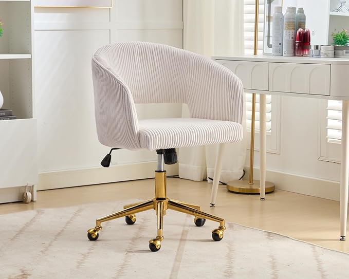 KCC Home Office Chair Swivel Desk Chair Accent Armchair Upholstered Modern Tufted Chairs with Gold Base for Girls Women Ergonomic Study Seat Computer Task Stools, with Wheels, Corduroy,Beige