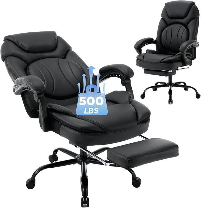 Comfortable Office Chair with Lumbar Support, PU Leather Ergonomic Reclining Office Desk Chair Wide Seat Recliner Office Chair with Foot Leg Rest, Black