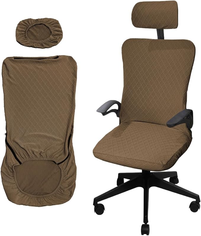 Ergonomic Office Chair Covers Set with Headrest Cover Stretch Desk Computer Chair and Headrest Slipcovers Washable Protector Slipcovers for Swivel Computer Chair 2 Pieces Brown