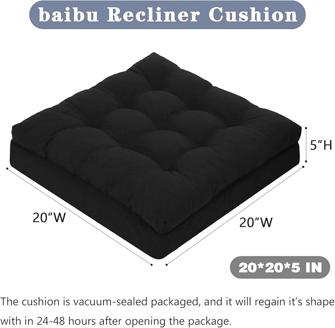 baibu Extra Large Memory Foam Recliner Cushions for Elderly, 20x20x5 Inch Thick Dual-Layer Patent Design Non-Slip Recliner Seat Cushion for Couch for Easy to Stand Up & Reduce Hip & Lumbar Pain, Black