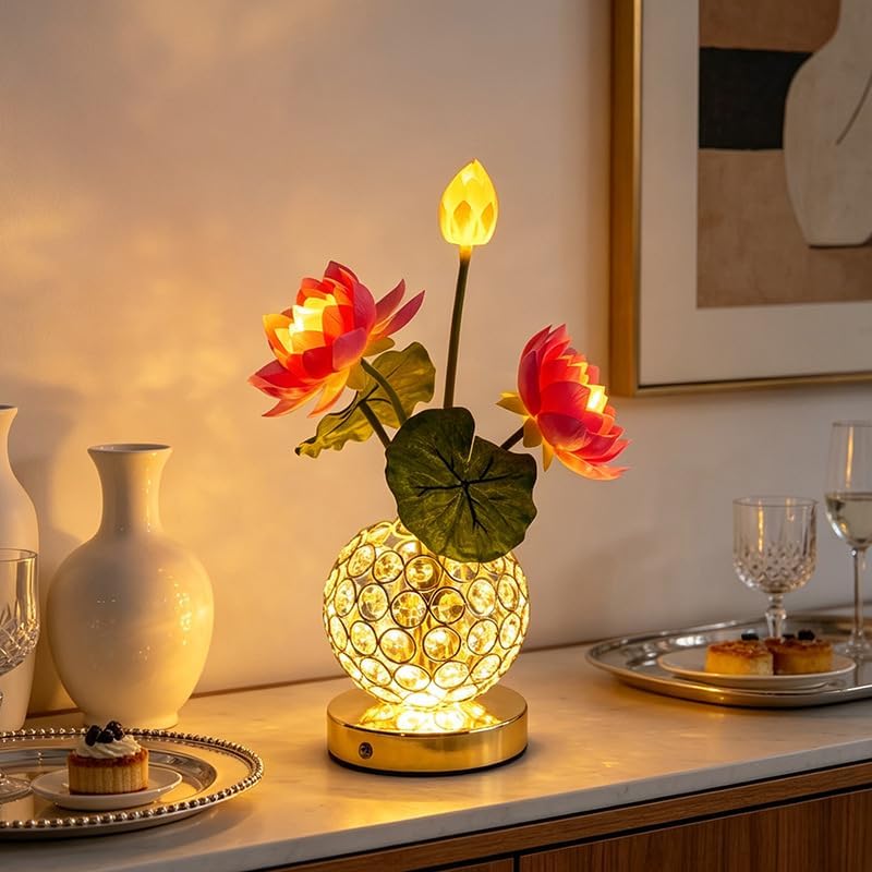 Lily Flower Lamps, Rechargeable Cordless Small Desk Lamp, 3 Colors Dimmable Artificial Flowers Night Light, Fake Bouquet 3 Lilies with Crystal Vase for Home Date Party Decoration (Pink - Lotus)