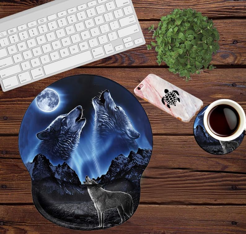 Ergonomic Mouse Pad with Wrist Support Wolf Mousepad Wrist Rest for Pad Gel Carpal Tunnel Relieves Pain Blue Mouse Mat with A Coaster for Computer Girl Work