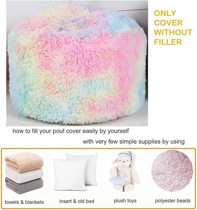Asuprui Pouf Ottoman Unstuffed Round Bean Bag Poof Ottoman Seat Soft Faux Fur Footrest Stool 20x20x12 Inches Fuzzy Chair Floor Chair Foot Rest with Storage for Living Room Bedroom Rainbow Pouf Cover