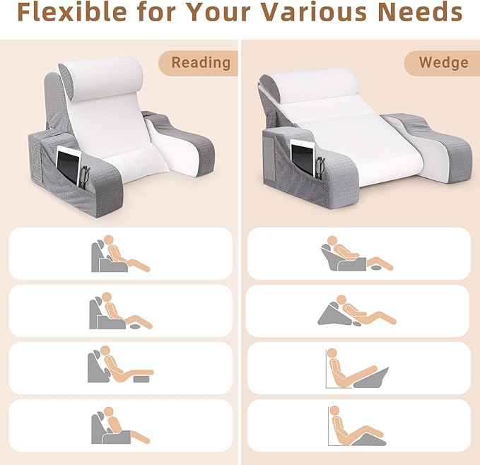 5PCS Reading Pillow for Sitting in Bed Adult, 2 in 1 Foldable Back Wedge Pillow for Sleep, Ergonomic Back Support Pillow with Arms for Watching TV, Gaming, Working, Recovery, 19” White/Grey