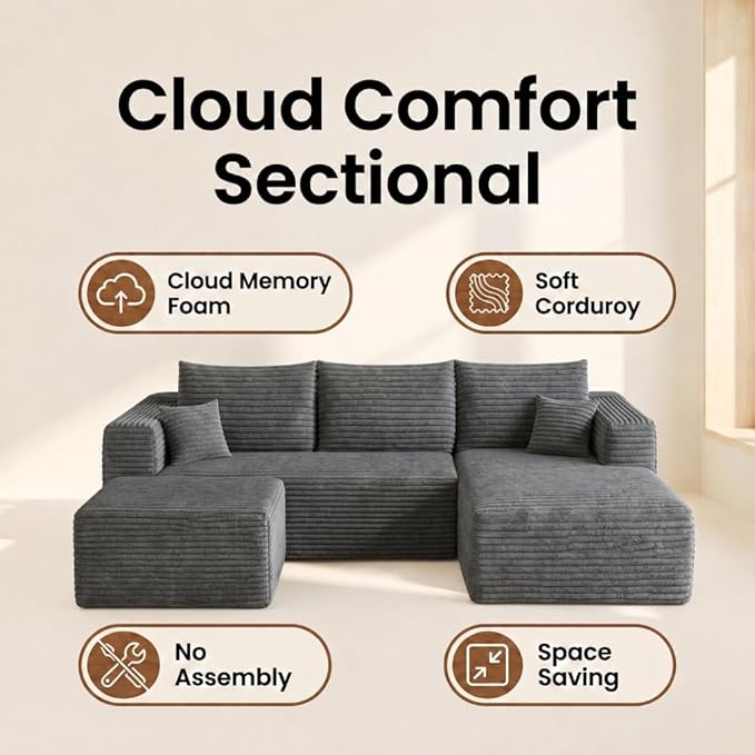 94" Darkgrey Fluffy Couch with Ottoman for Living Room, Corduroy No Bones Sectional Couch,Compressed Memory Foam Cloud Sofa,No Assembly Required,Right Facing Chaise,Darkgrey