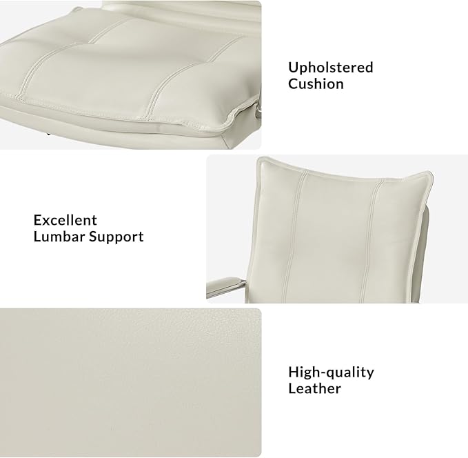 HULALA HOME Faux Leather Home Office Desk Chair, Adjustable Swivel Computer Chair with Sliver Legs and Arms, Comfy Upholstered Task Chair(White)