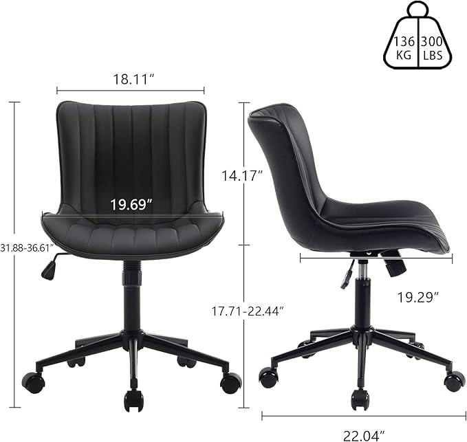 YOUNIKE Black Home Office Desk Chair with Wheels Comfy Armless Cute Vanity Chair with Adjustable Rocking Back Modern Leather Upholstered Rolling Swivel Small Task Drafting Sewing Chair Compact