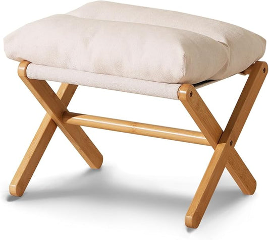 Baveke Ottoman Foot Rest- Bamboo Foldable Stool, Foot Stools Small Ottman with Upholstered & X Legs, Folding Shoe Bench, Bedroom and Living Room, Small Beige(FSC-Certified Bamboo)