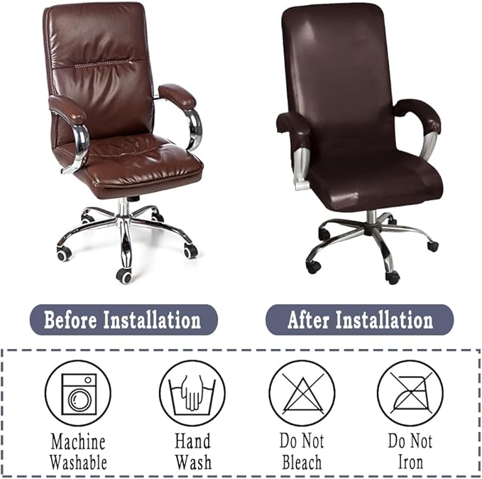 ITFRO Waterproof Office Chair Cover with Armrest Covers Brown PU Leather Computer Desk Chair Cover with Zipper Universal Rotating Gaming Chair Slipcover High Back Chair Seat Protector (Brown)