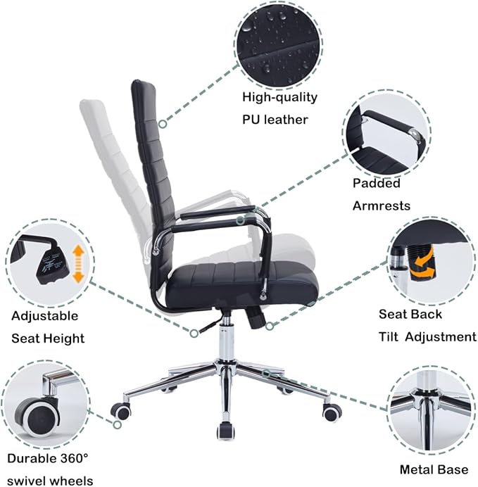 Black Modern High Back Office Desk Chair, PU Leather Ribbed Ergonomic Executive Conference Chair with Wheels, Adjustable Swivel Task Chair with Arms
