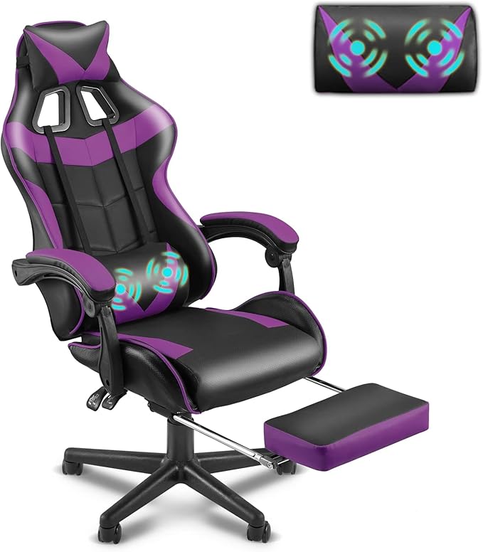 Soontrans Purple Gaming Chair with Footrest, Ergonomic Gamer Chair, Video Game Chairs with Adjustable Headrest, Removable Lumbar Support Office Chair, Game Chairs for Adults Teens(Purple)