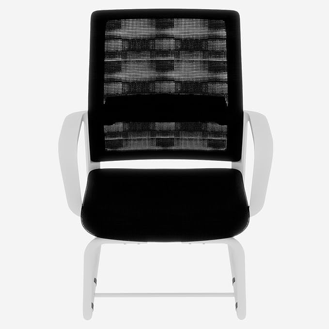 Modern Mesh Office Chair, Ergonomic Desk Chair with Armrests, Breathable Computer Task Seat for Home Work, Sled Base Guest Furniture, Comfortable Lumbar Support, Metal Frame, White+Black