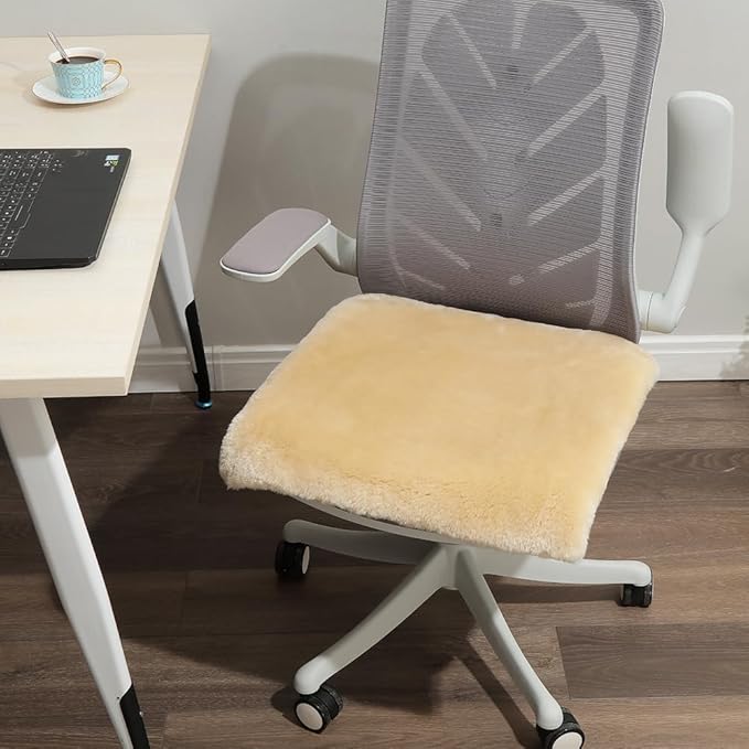 LLB Sheepskin Chair Covers Office Chair Cushion Dining Room Chair Pads Desk Seat Cushion for Computer Chair Fur Area Rugs for Living Room 19x19 Inch (Pack of 1), Shearling Pearl
